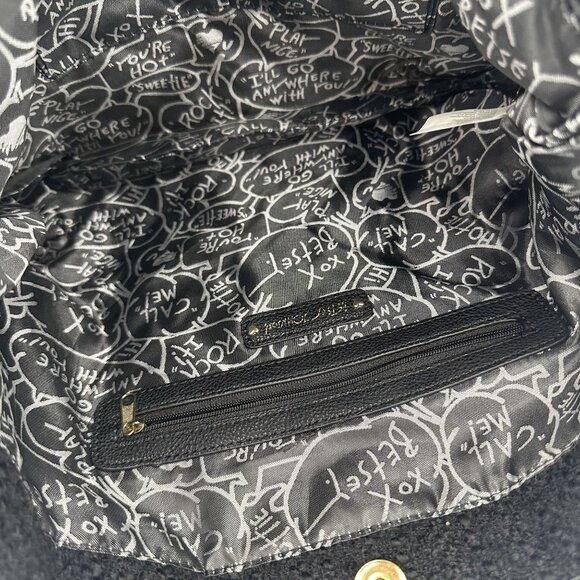 Betsey Johnson Black & White Tweed Tote Bag With Chain Straps & Decorative Pins - Picture 7 of 7